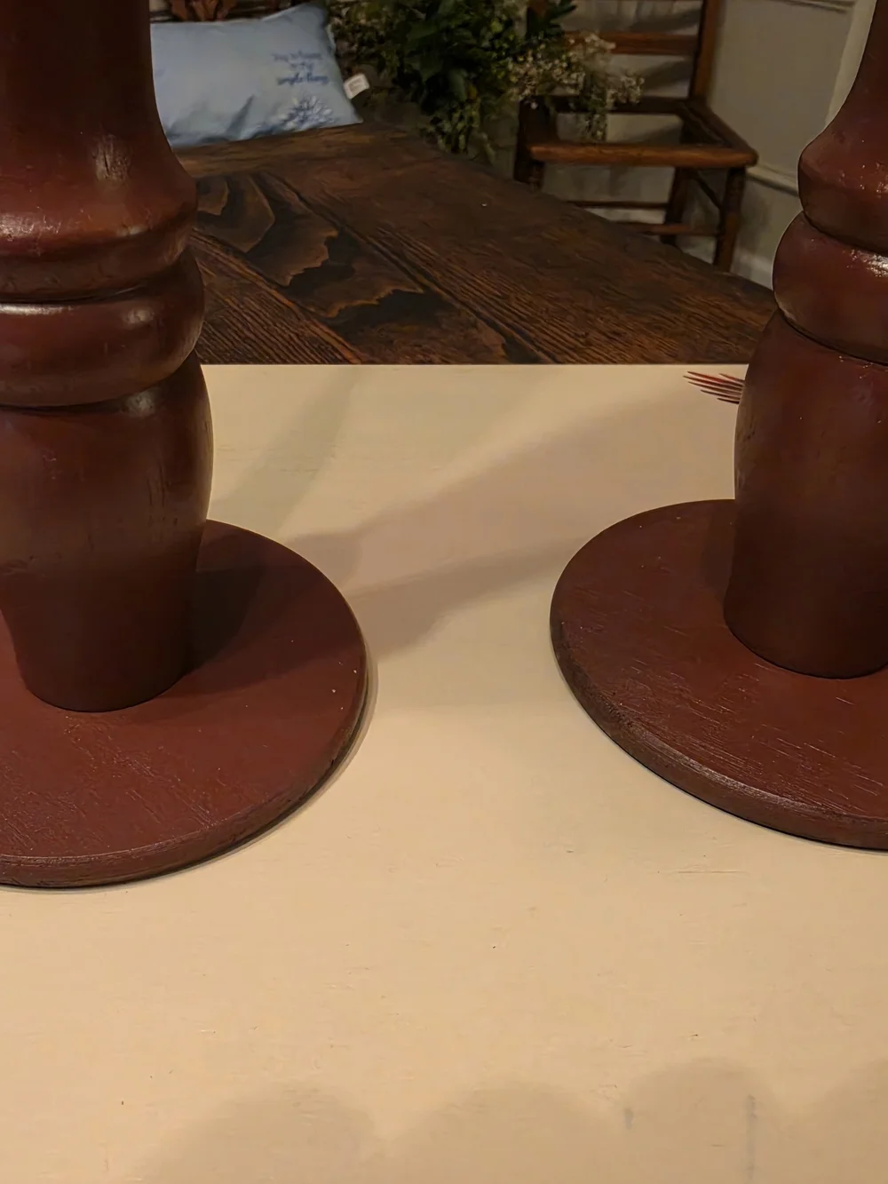 Vintage Wood candlestick holders glass tulip-shaped hurricane shade bobeches